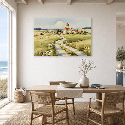 Tableau Chemin Campagne Printemps - Maison au Bout du Sentier dans une cuisine - Art Virtuoso