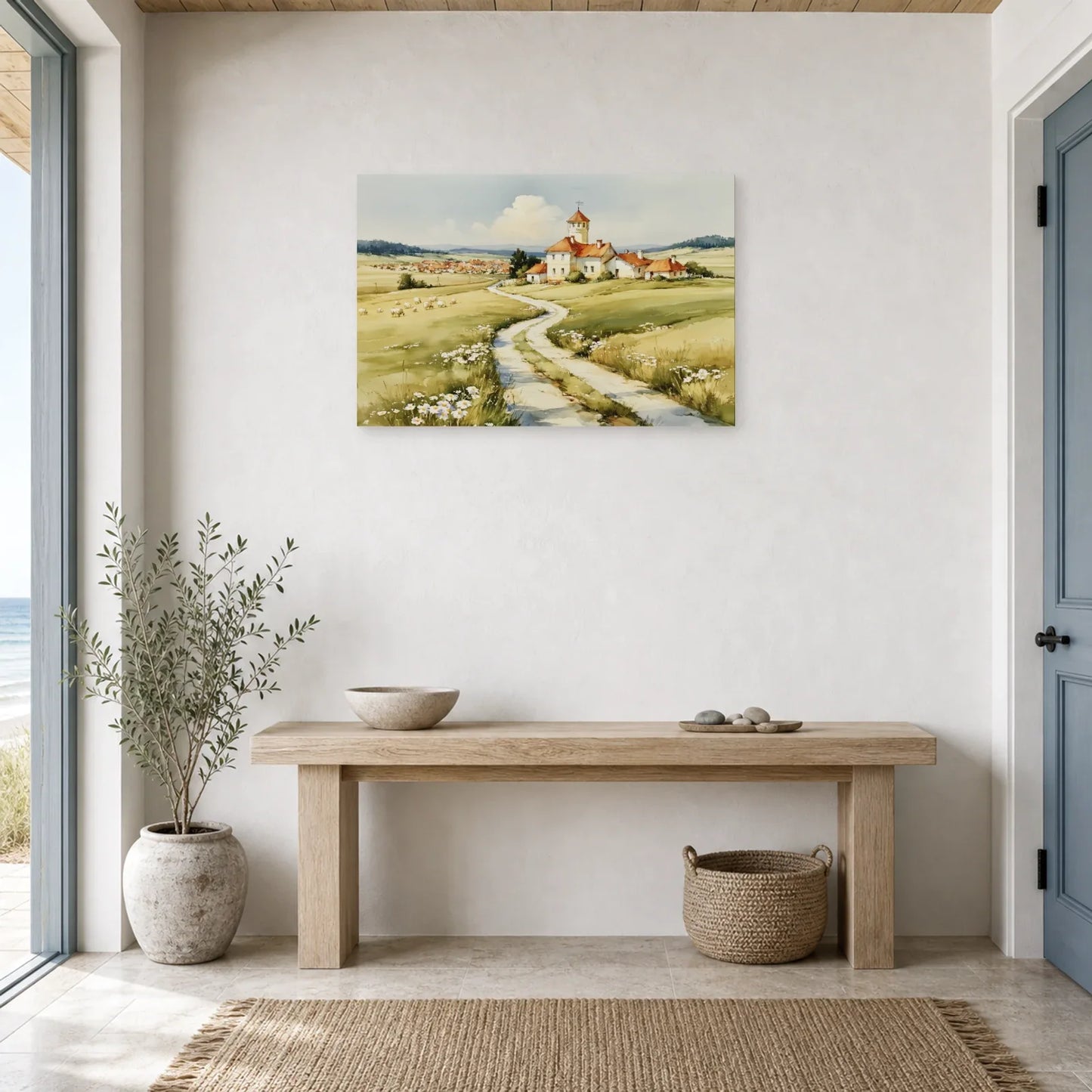 Tableau Chemin Campagne Printemps - Maison au Bout du Sentier dans une entree ou un couloir - Art Virtuoso