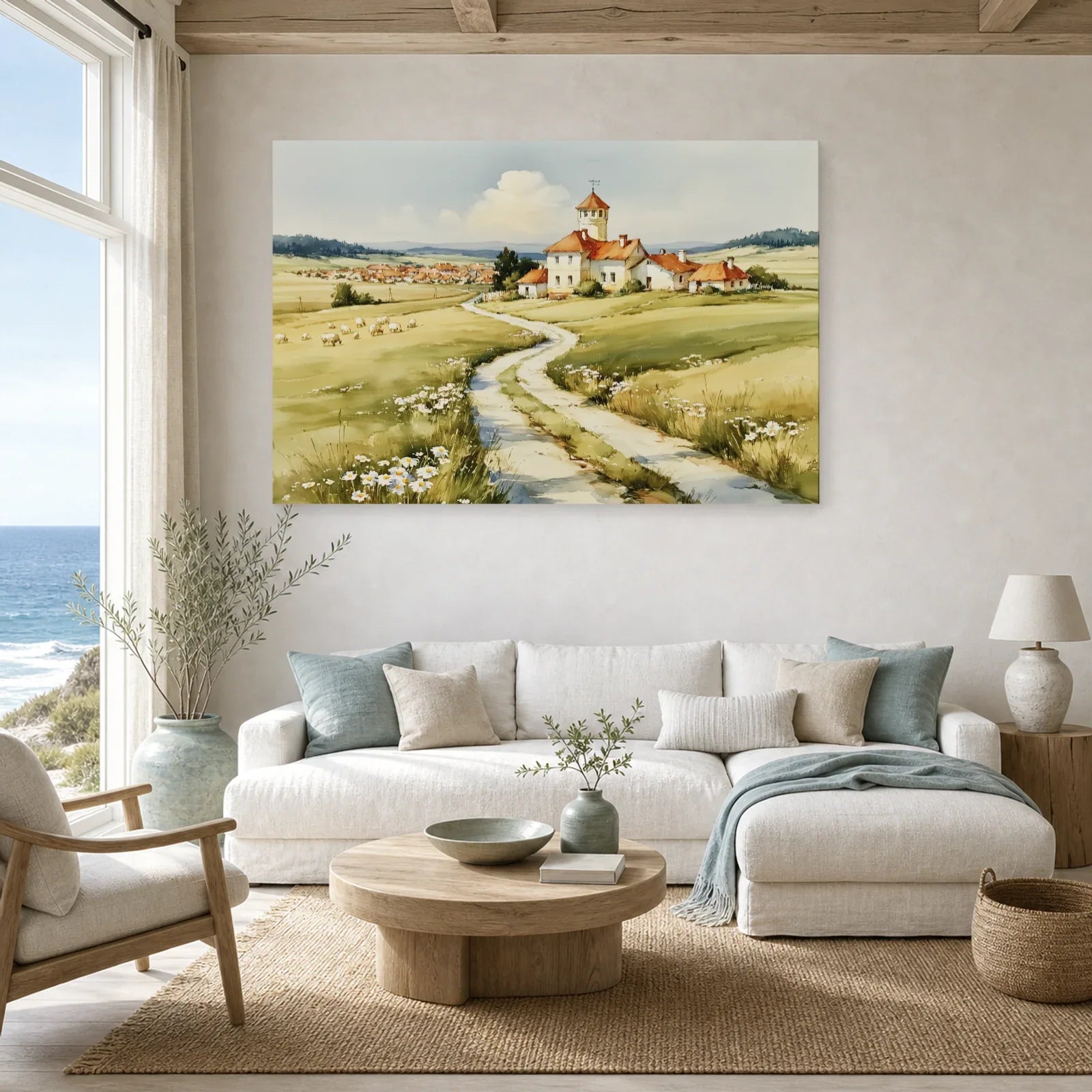Tableau Chemin Campagne Printemps - Maison au Bout du Sentier dans un salon - Art Virtuoso