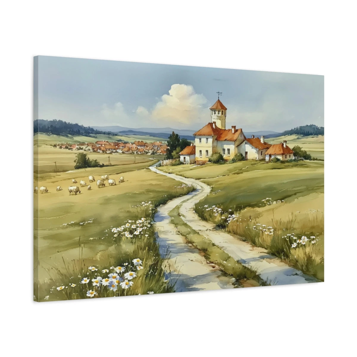 Tableau chemin de campagne printanier avec maison et fleurs - toile 3D avec bords imprimés visibles
