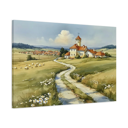 Tableau chemin de campagne printanier avec maison et fleurs - toile 3D avec bords imprimés visibles