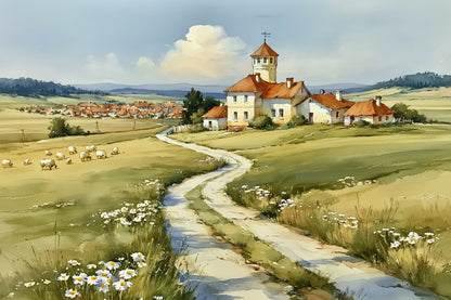 Tableau chemin de campagne printanier avec maison et fleurs - grand format XXL