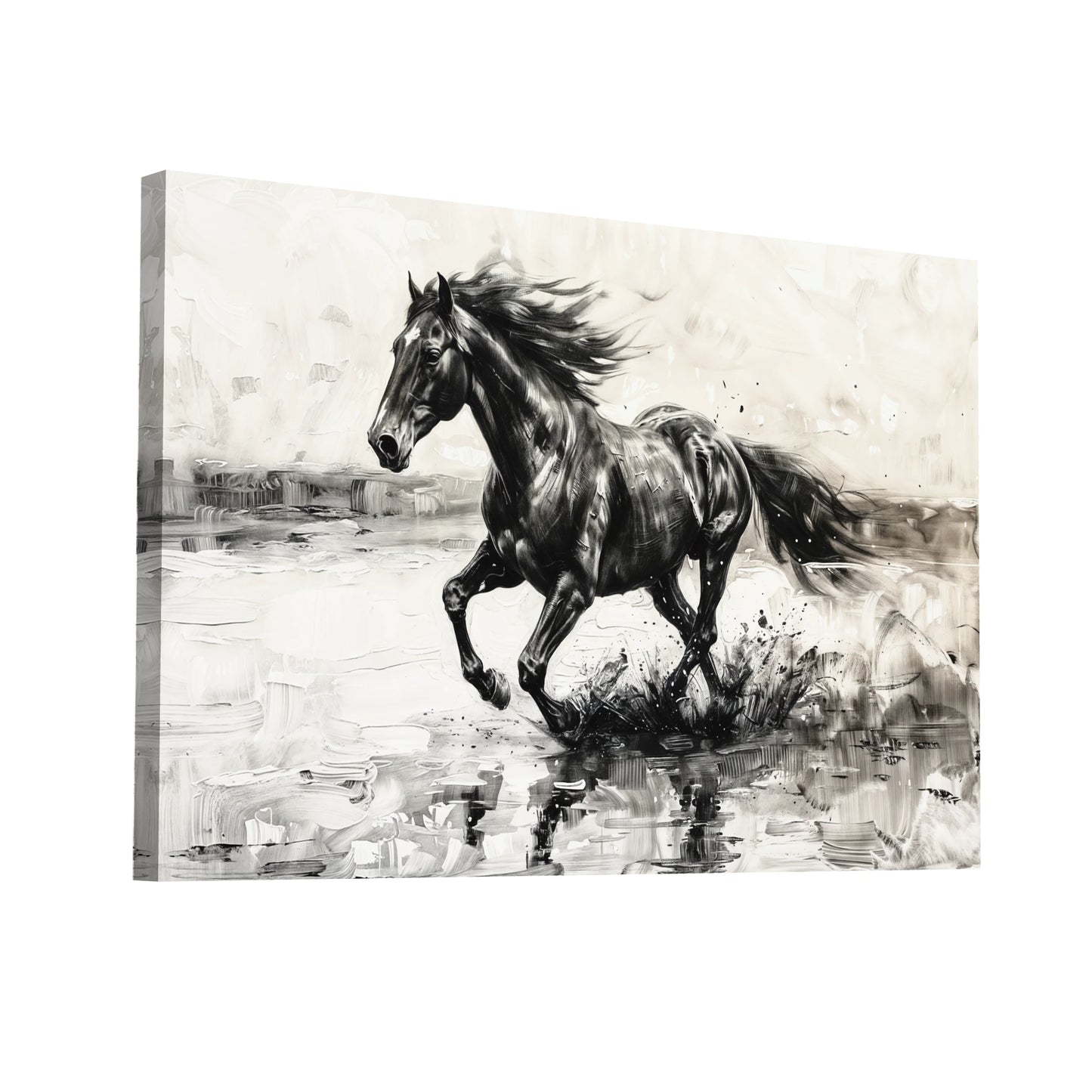 Product Hero 3D WebP Tableau Cheval Noir et Blanc en Mouvement - Art Virtuoso