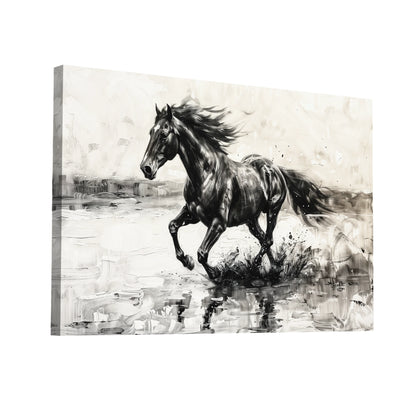 Product Hero 3D WebP Tableau Cheval Noir et Blanc en Mouvement - Art Virtuoso