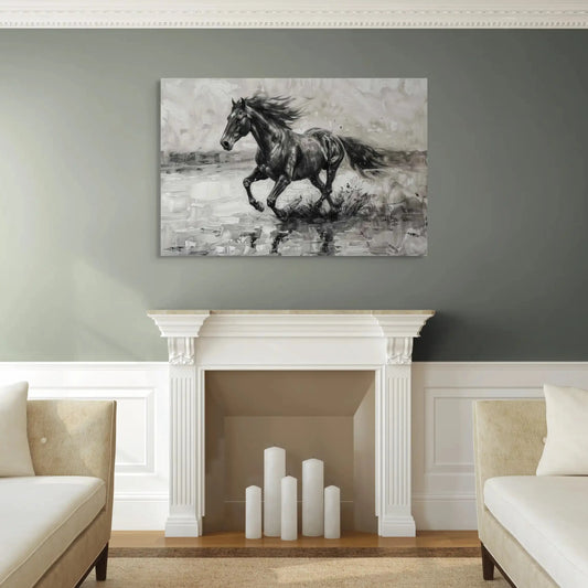 Tableau Cheval Noir et Blanc en Mouvement Art Virtuoso