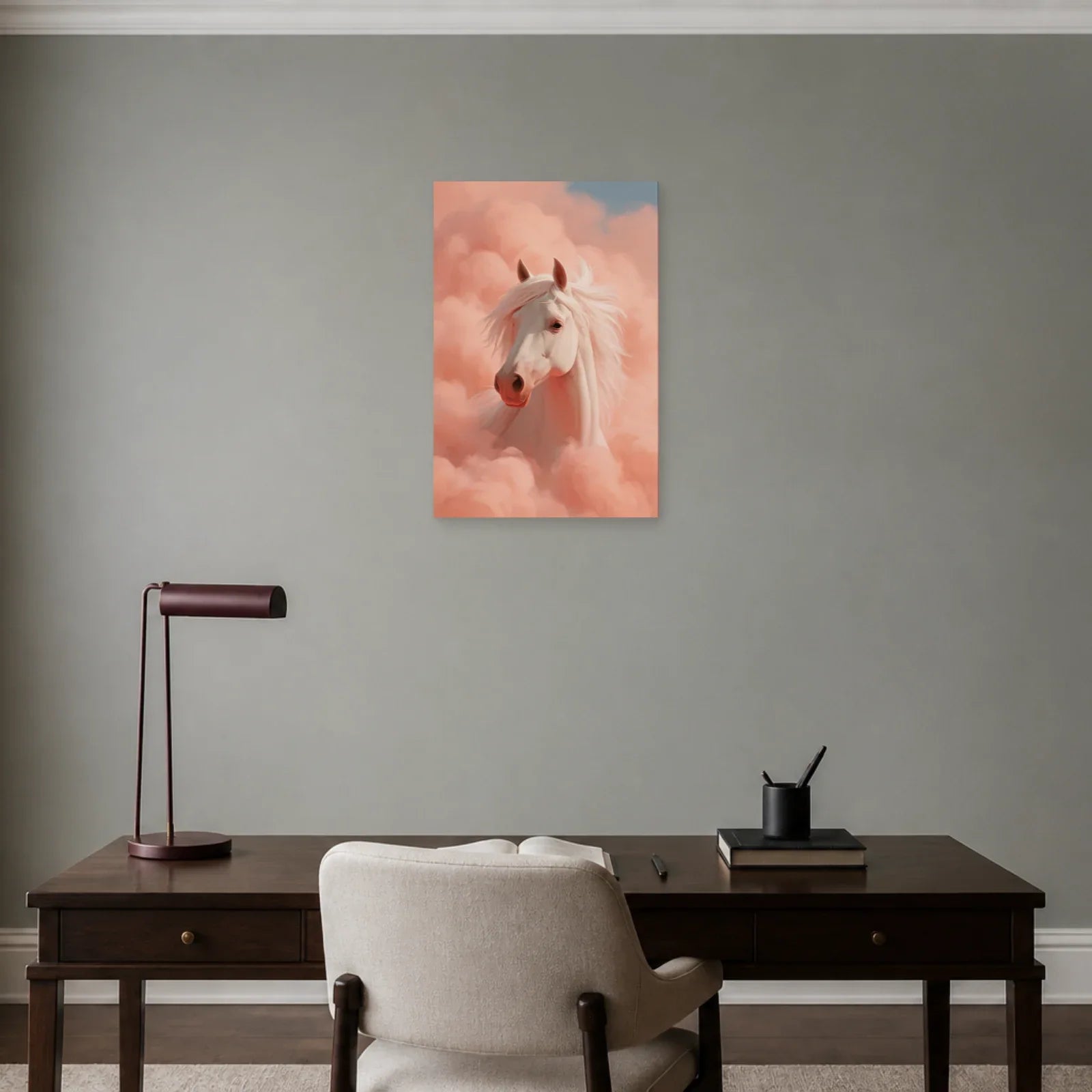Tableau Cheval Univers Rose présenté dans un bureau - Art Virtuoso