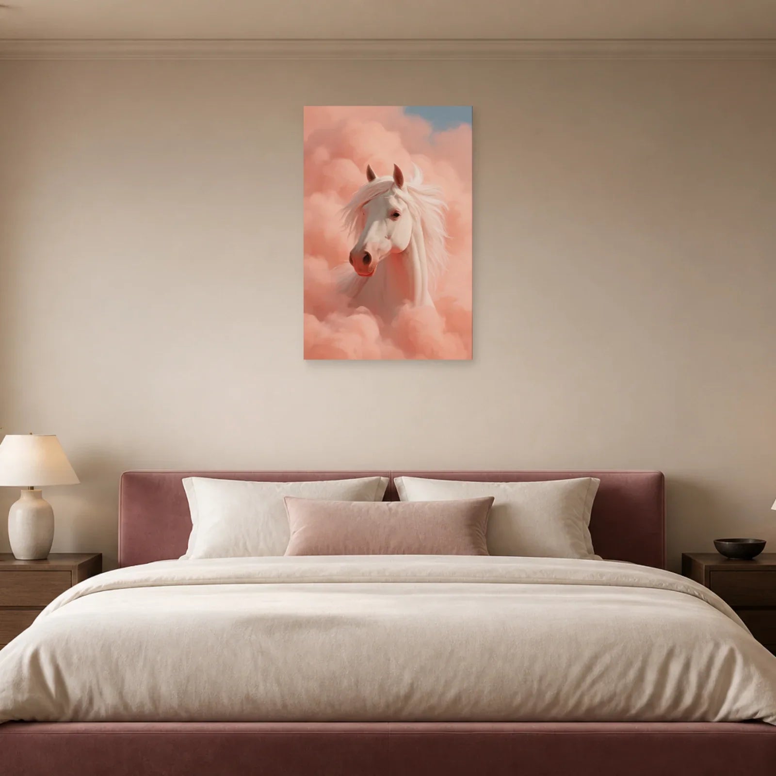 Tableau Cheval Univers Rose présenté dans une chambre - Art Virtuoso