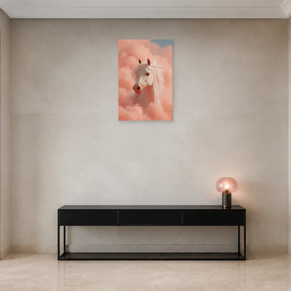 Tableau Cheval Univers Rose présenté dans une entrée - Art Virtuoso