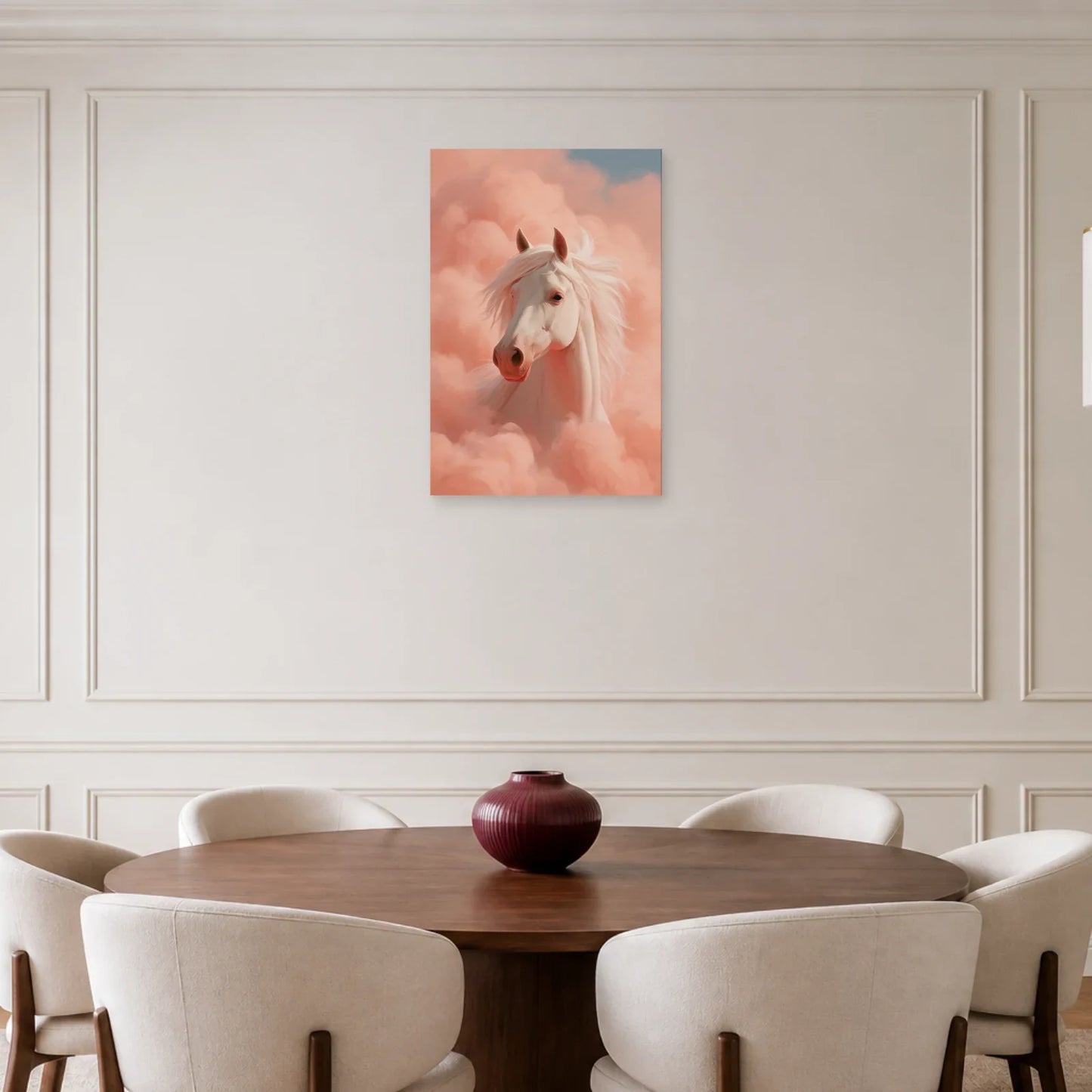 Tableau Cheval Univers Rose présenté dans une salle à manger - Art Virtuoso