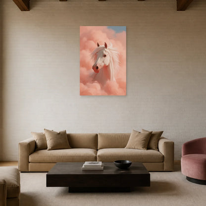 Tableau Cheval Univers Rose présenté dans un salon - Art Virtuoso