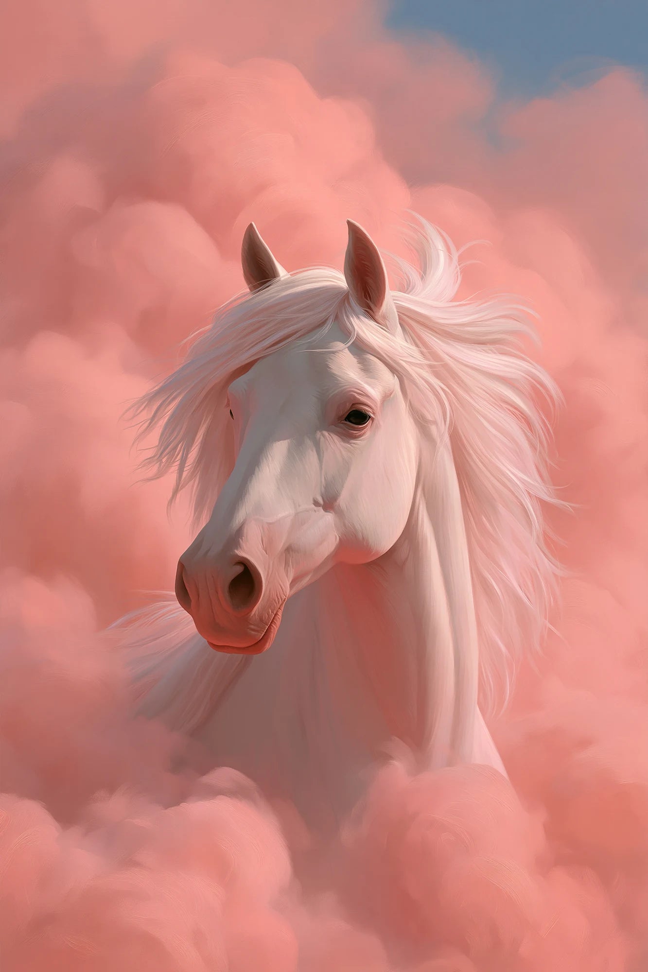 Tableau Cheval Univers Rose, un cheval majestueux émergeant d’un univers rose traversé de poussières lumineuses, format S - Art Virtuoso