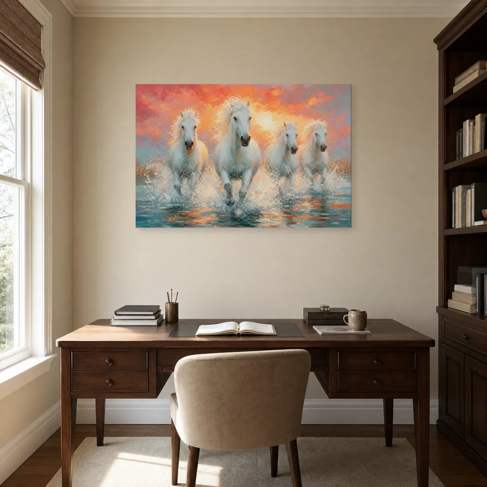 Tableau Chevaux de Camargue - Galop des Marais dans un bureau - Art Virtuoso