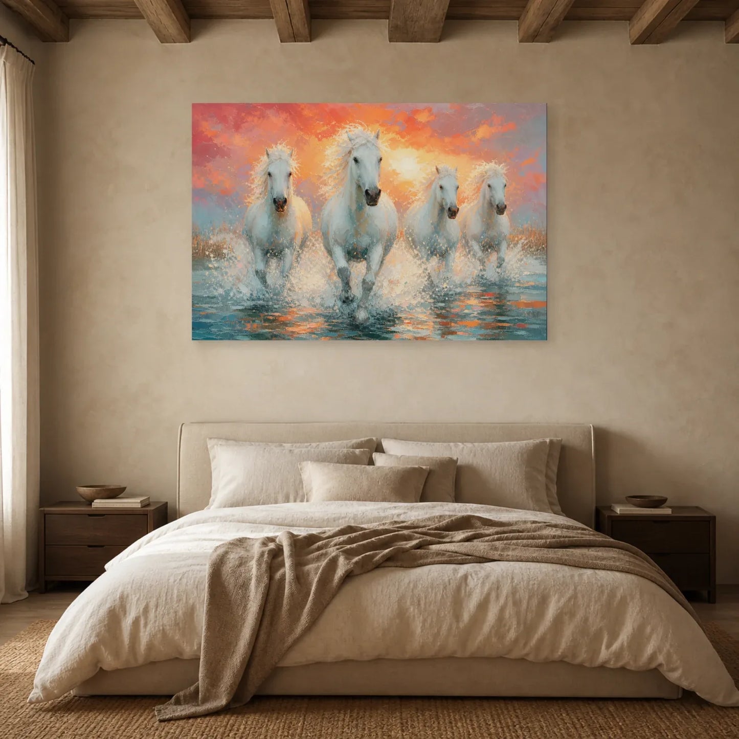 Tableau Chevaux de Camargue - Galop des Marais dans une chambre - Art Virtuoso