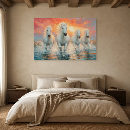Tableau Chevaux de Camargue - Galop des Marais dans une chambre - Art Virtuoso