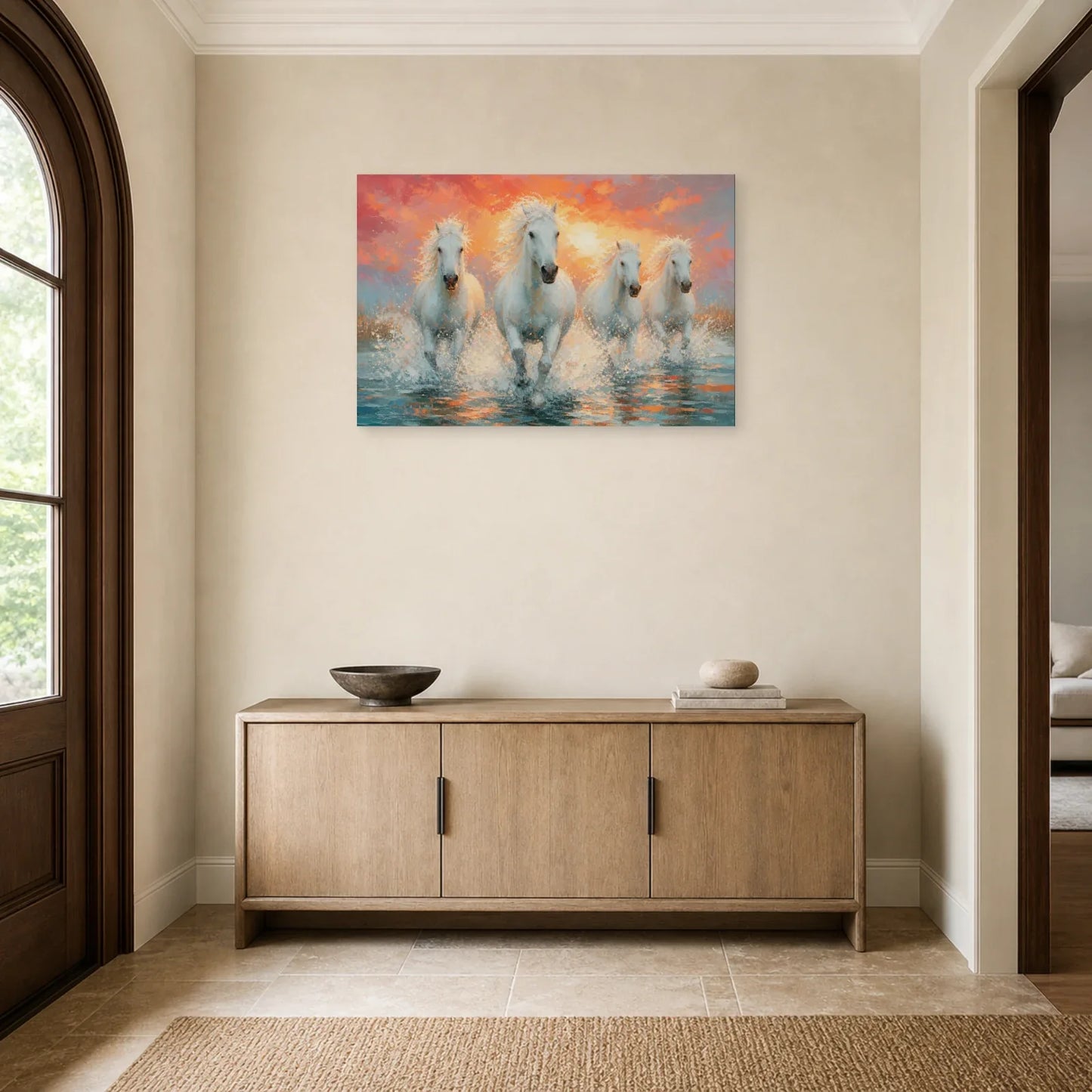 Tableau Chevaux de Camargue - Galop des Marais dans une entrée ou un couloir - Art Virtuoso