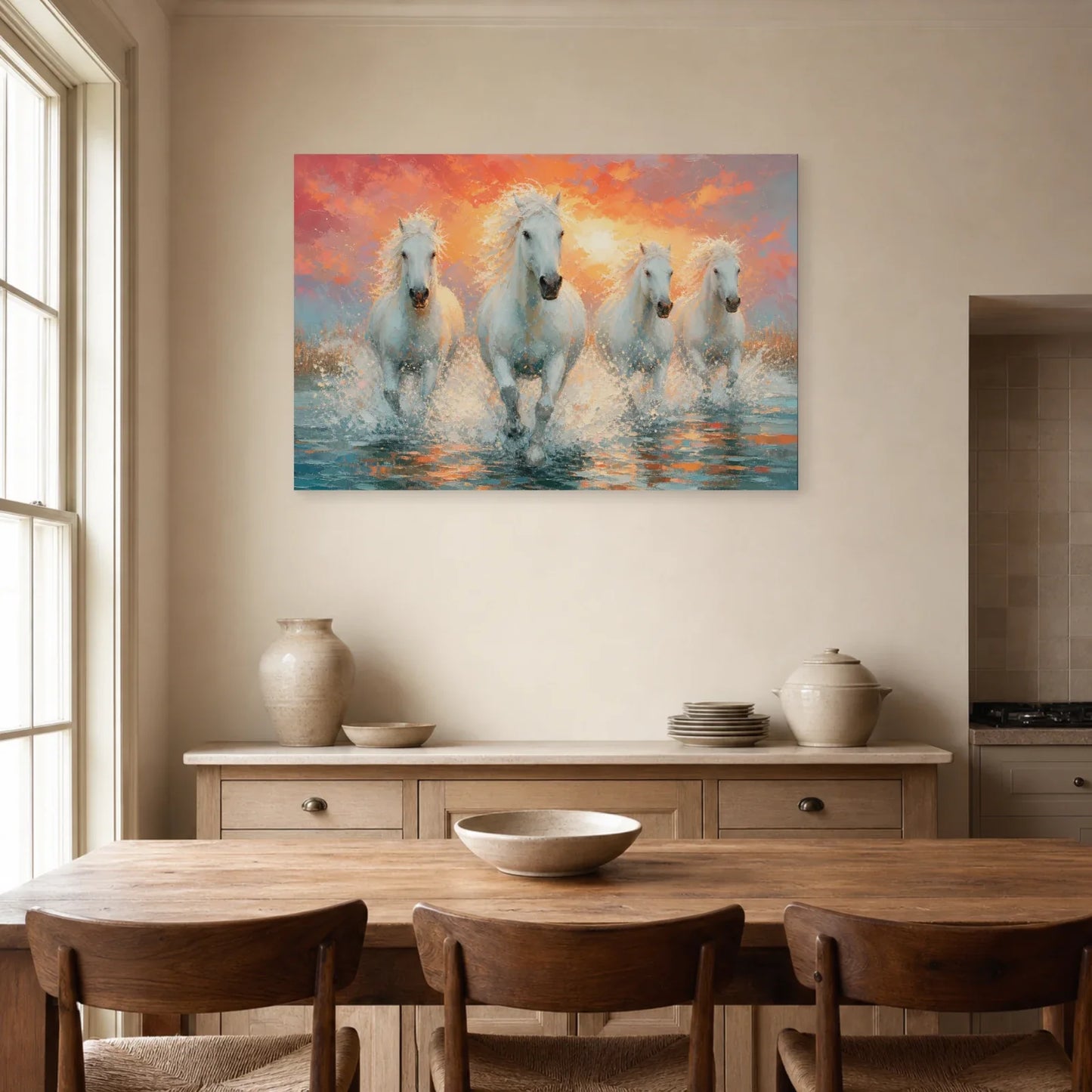 Tableau Chevaux de Camargue - Galop des Marais dans une salle à manger - Art Virtuoso