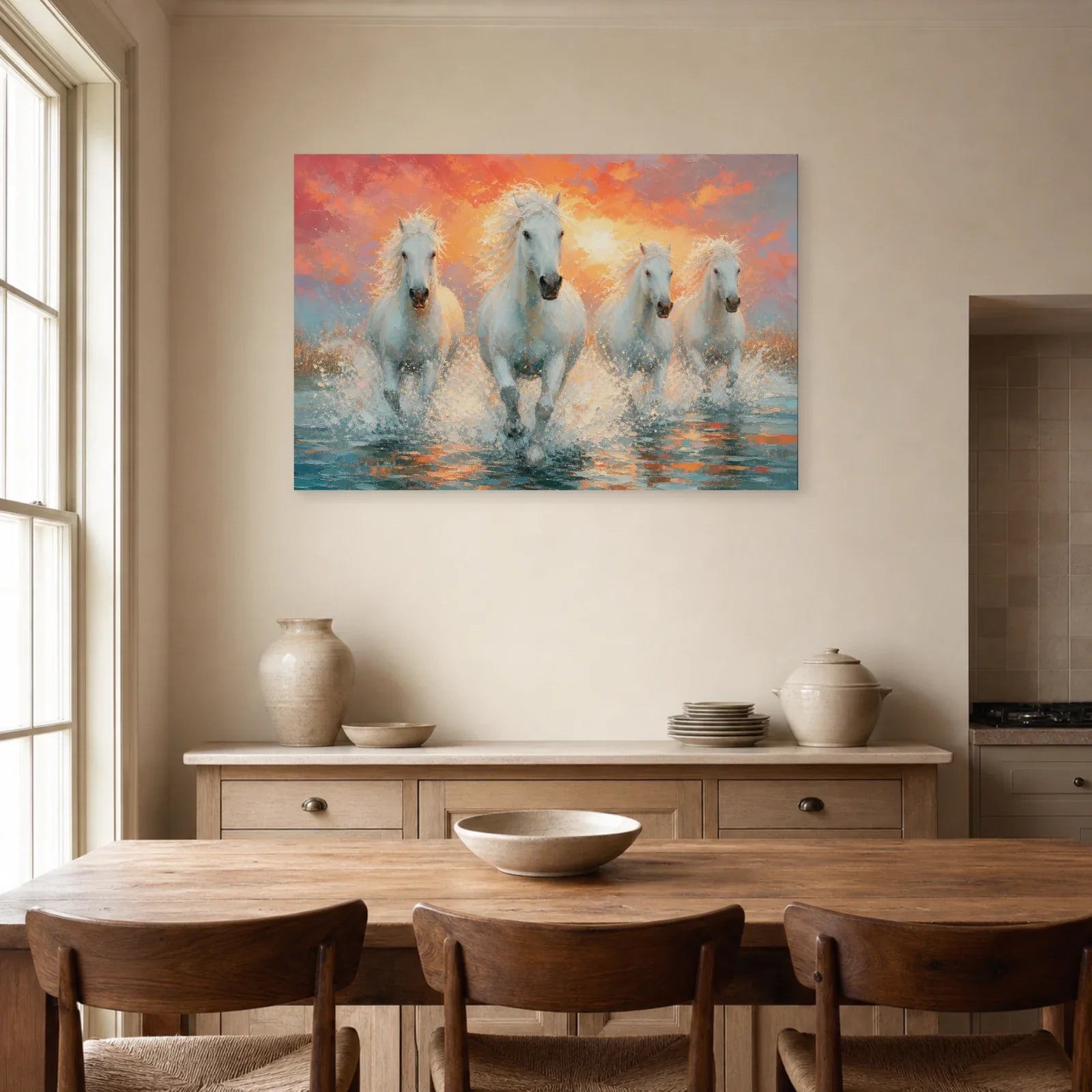 Tableau Chevaux de Camargue - Galop des Marais dans une salle à manger - Art Virtuoso