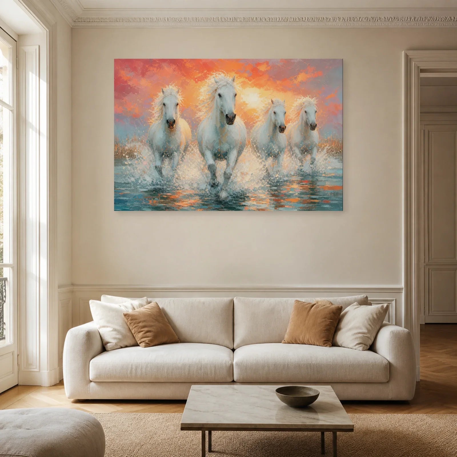 Tableau Chevaux de Camargue - Galop des Marais dans un salon - Art Virtuoso