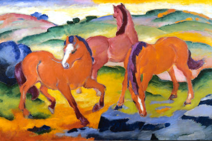 Trois chevaux orangés dans un paysage coloré – toile format M