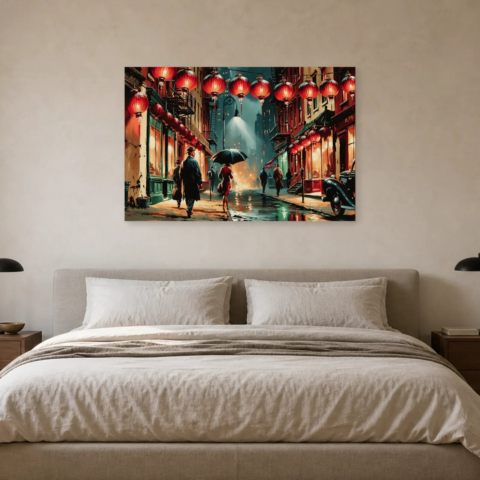Tableau Chinatown sous la pluie présenté dans une chambre