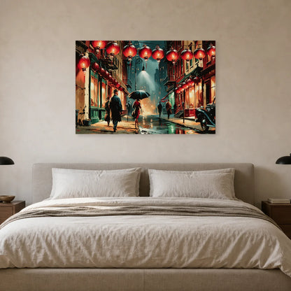 Tableau Chinatown sous la pluie présenté dans une chambre