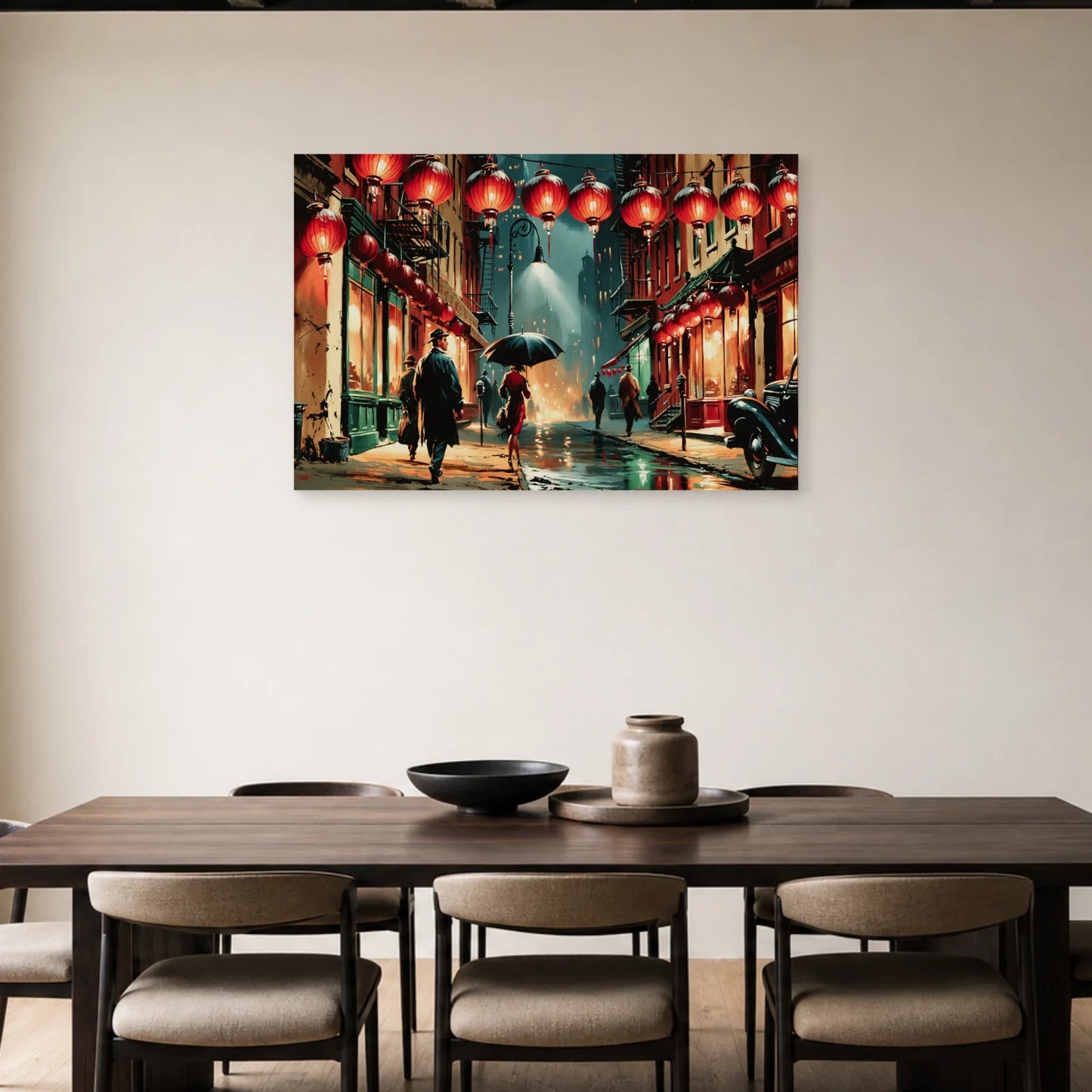 Lanternes rouges de New York au mur d’une salle à manger