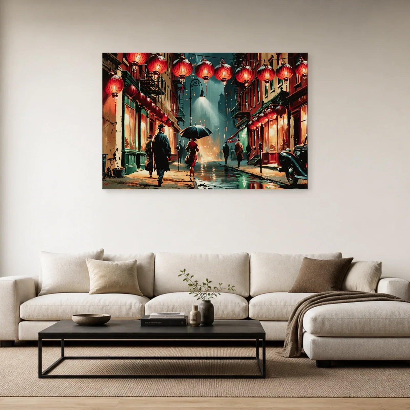 Toile Chinatown aux lanternes rouges présentée dans un salon contemporain