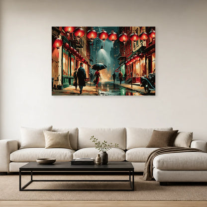 Toile Chinatown aux lanternes rouges présentée dans un salon contemporain