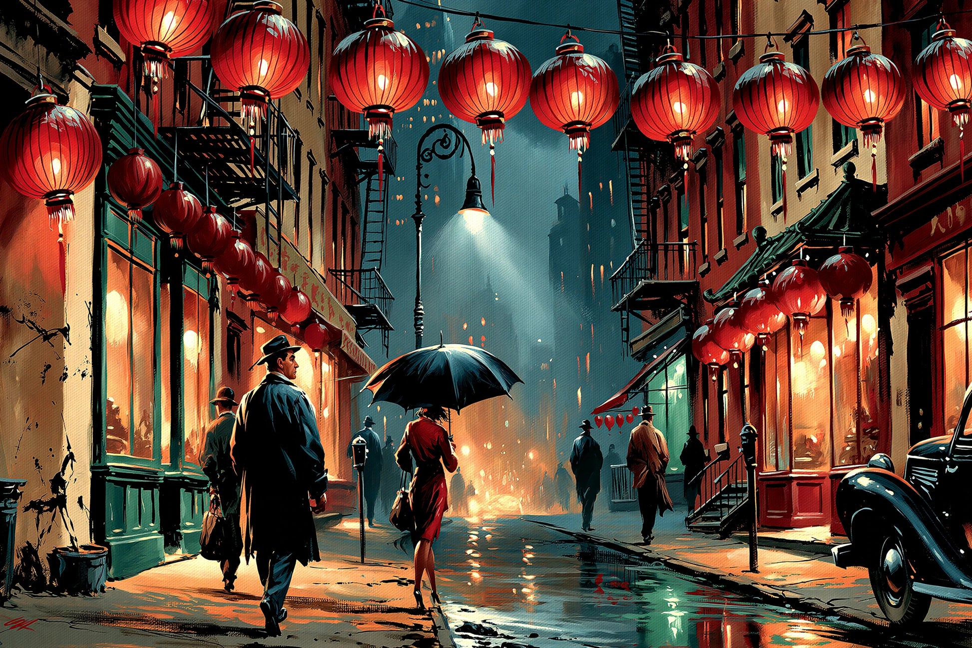 Lanternes rouges de Chinatown sous la pluie, toile horizontale format S