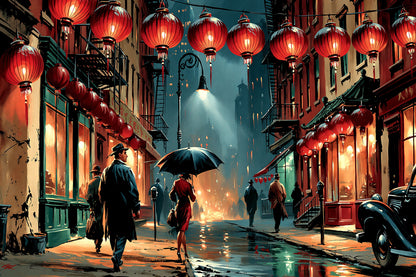 Panorama nocturne de Chinatown éclairé de rouge, toile format XXL