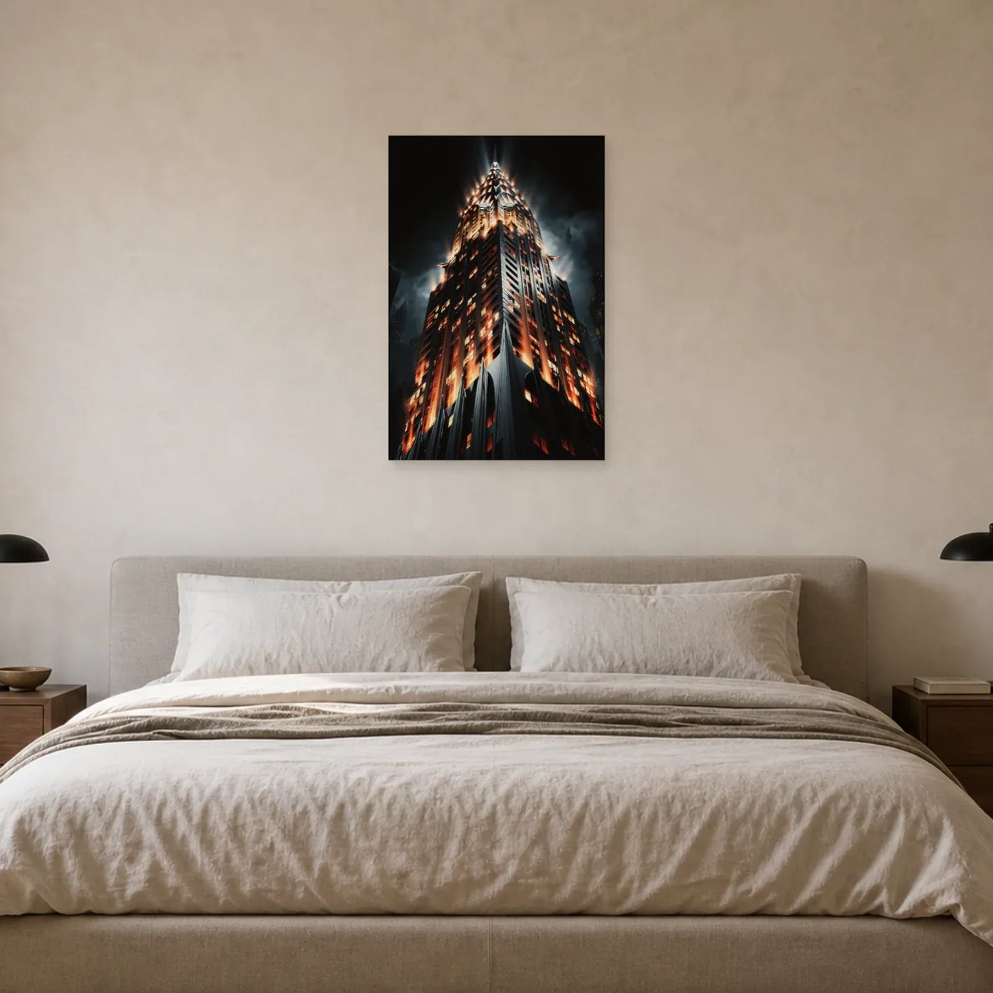 Toile nocturne du Chrysler Building installée dans une chambre