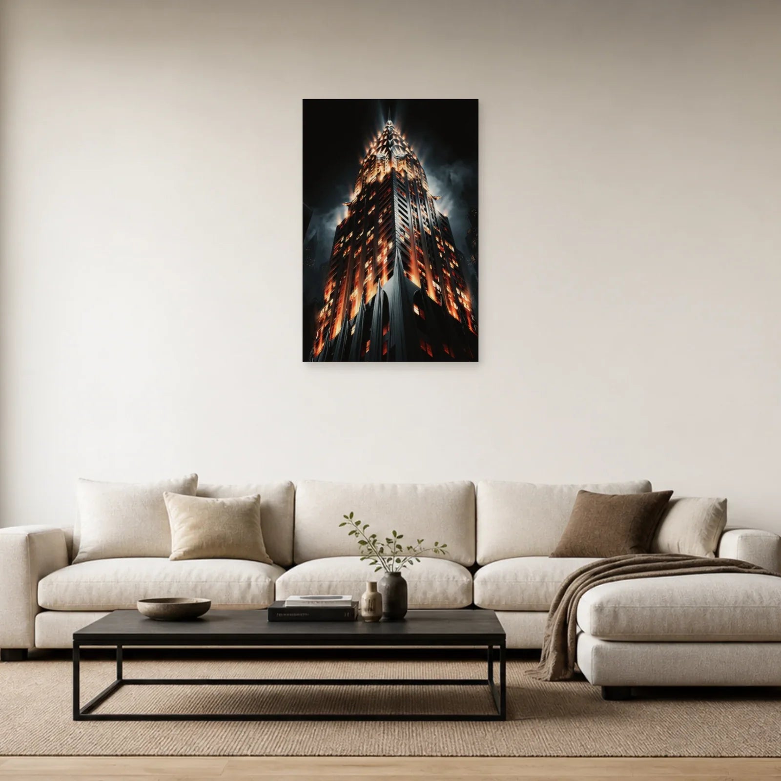 Tableau Chrysler Building présenté dans un salon sombre