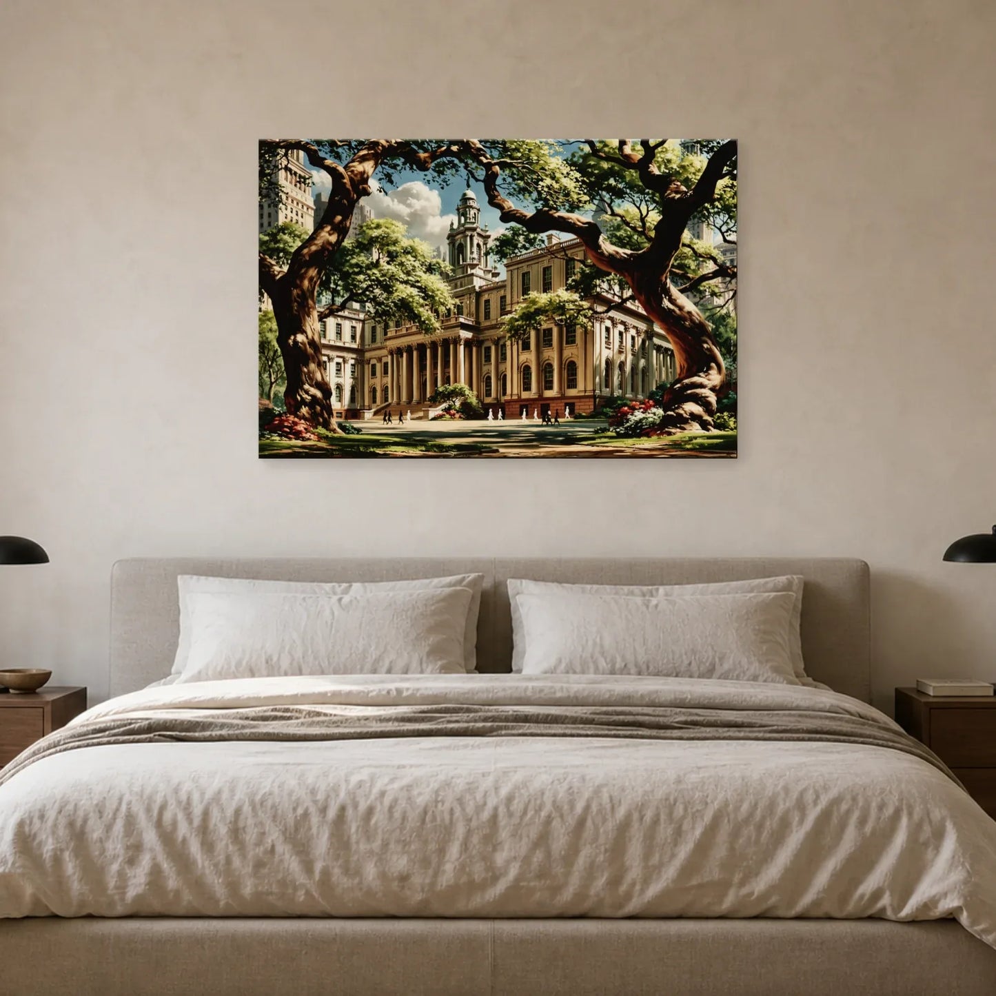 Toile City Hall vert et beige mise en scène dans une chambre
