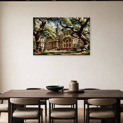 Tableau horizontal de l’hôtel de ville présenté dans une salle à manger
