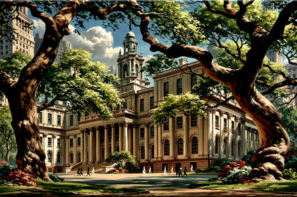 New York City Hall encadré de grands arbres, toile horizontale format S