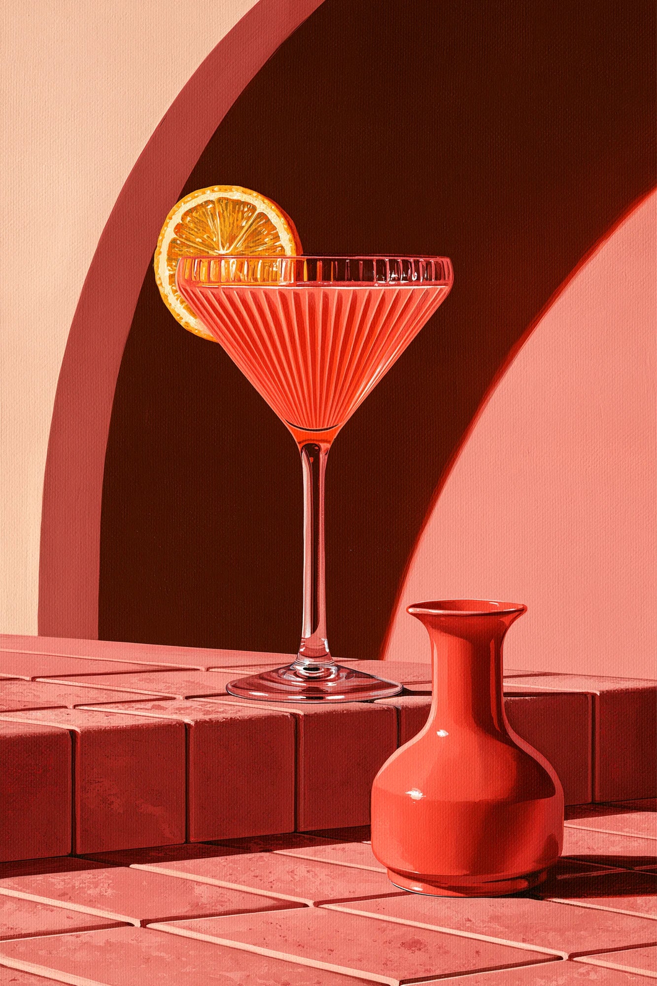 Tableau Cocktail Rose Rétro, un cocktail rose servi dans une composition éditoriale inspirée des années 1960, format M - Art Virtuoso