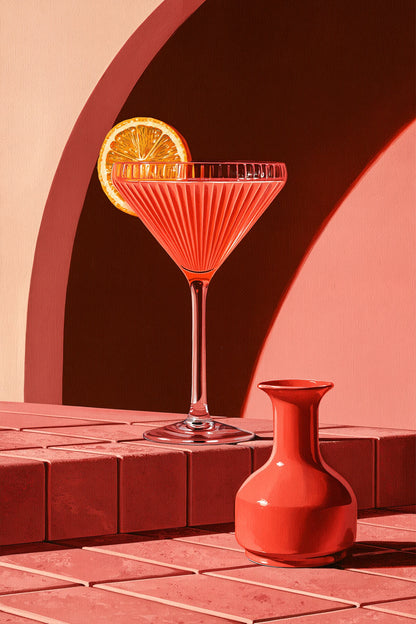 Tableau Cocktail Rose Rétro, un cocktail rose servi dans une composition éditoriale inspirée des années 1960, format S - Art Virtuoso