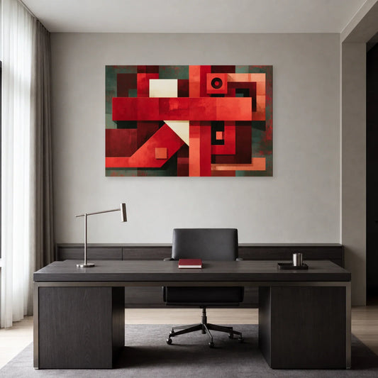 Tableau constructiviste rouge et vert pétrole présenté dans un bureau