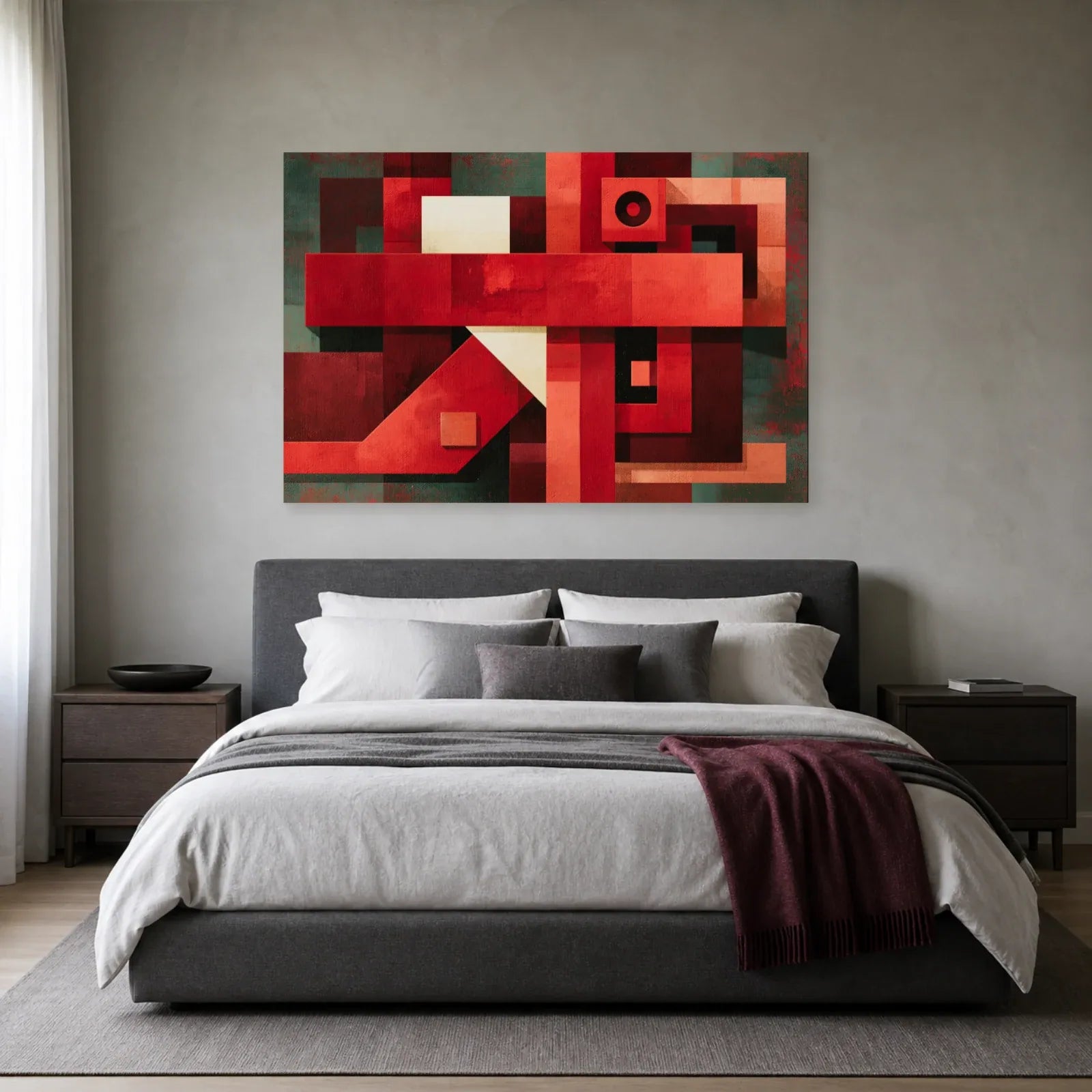 Tableau géométrique rouge horizontal présenté dans une chambre