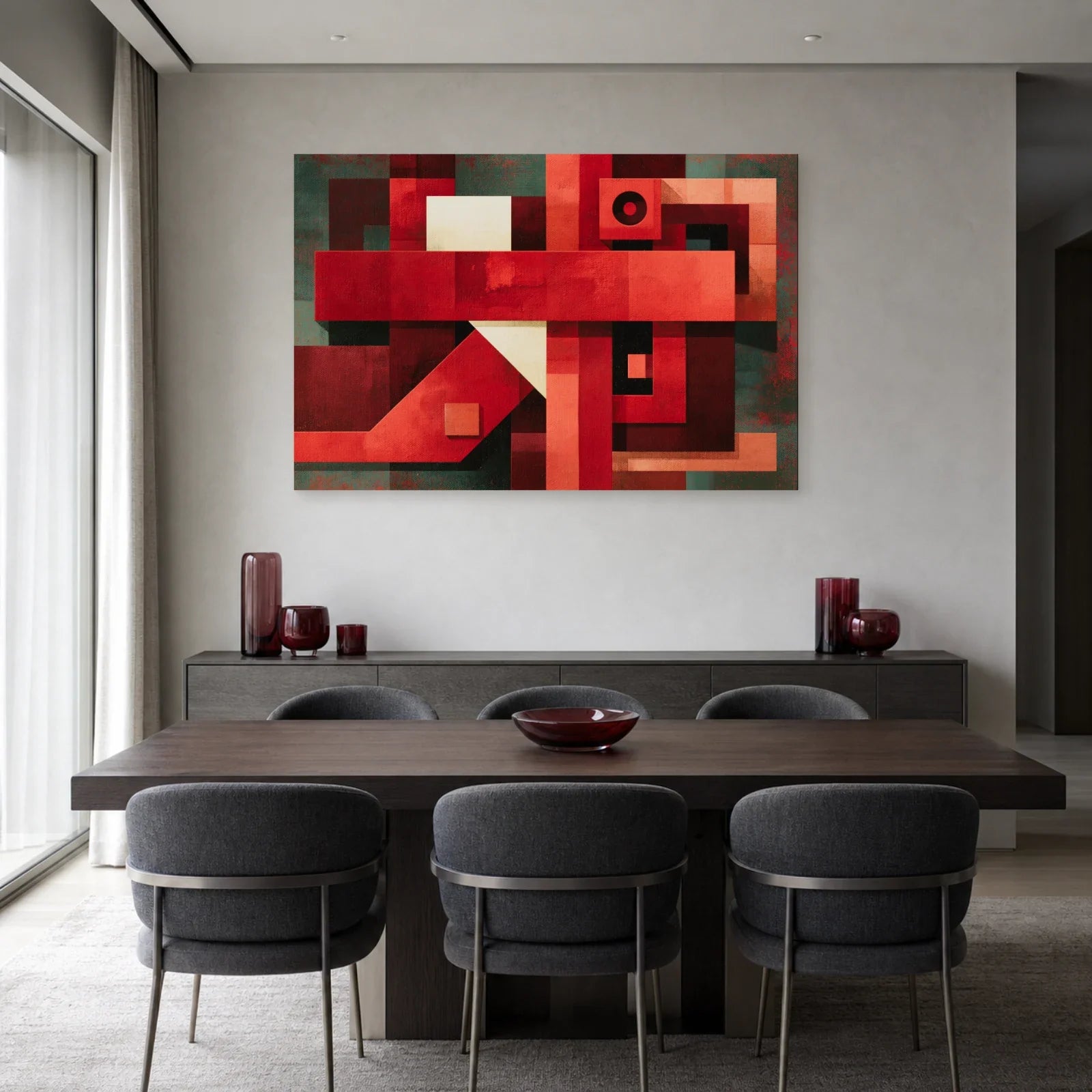 Tableau collage rouge et ivoire présenté dans une salle à manger