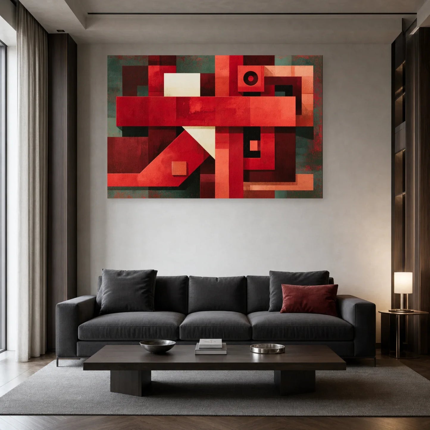 Tableau collage rouge aux plans imbriqués présenté dans un salon