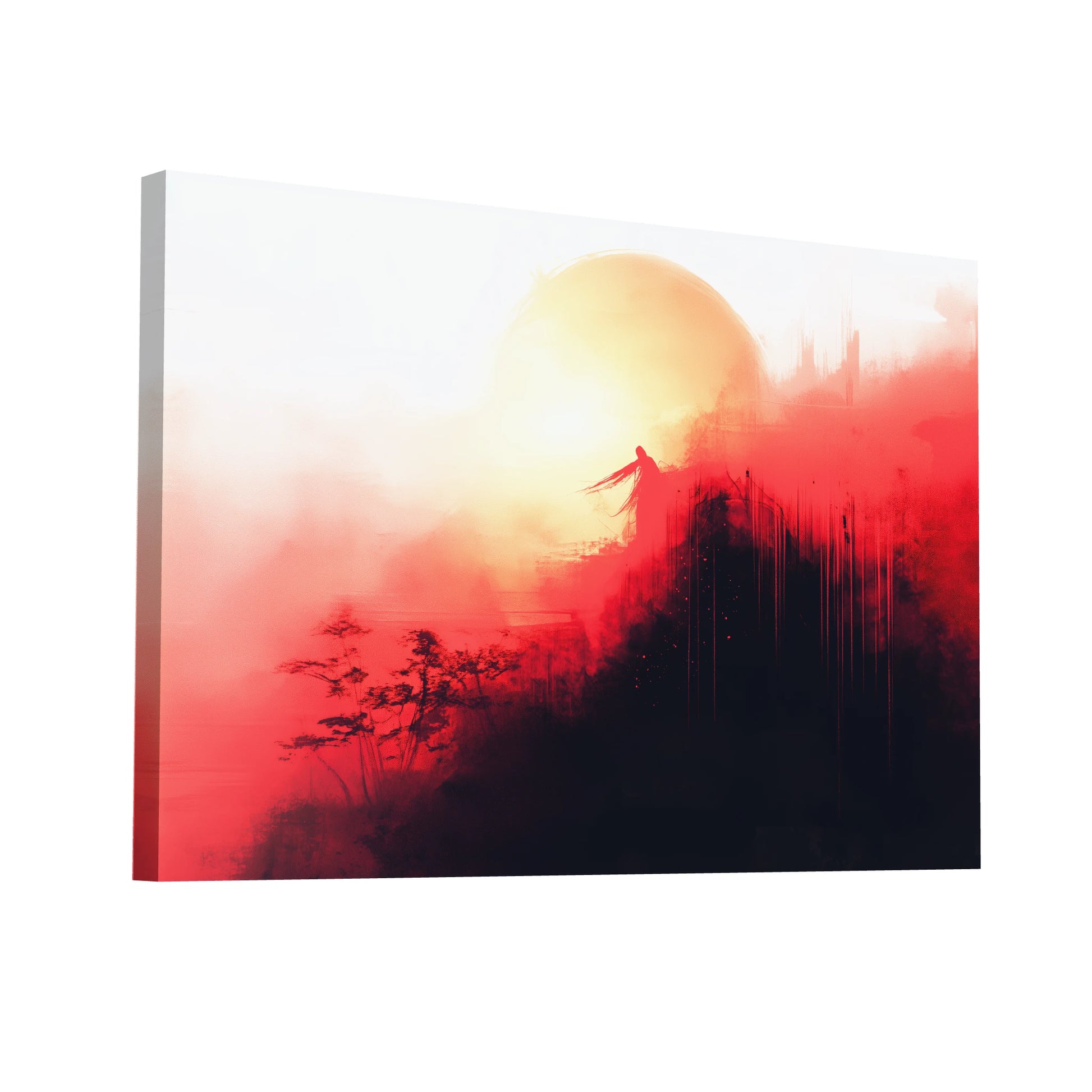 Product Hero 3D WebP Tableau Contemporain Rouge : Silhouette à l'Aube - Art Virtuoso