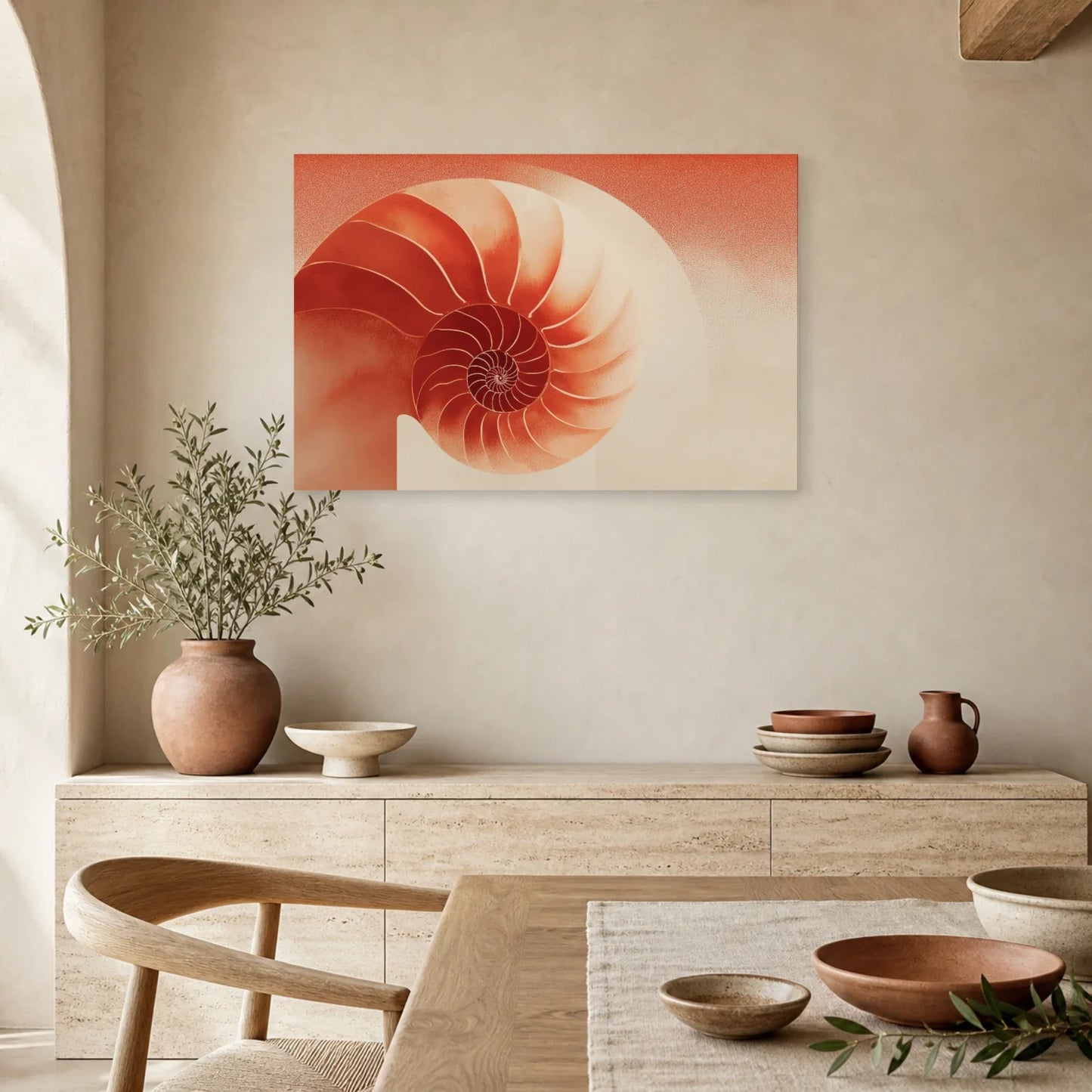 Tableau Coquillage Nautile Terracotta dans une cuisine - Art Virtuoso