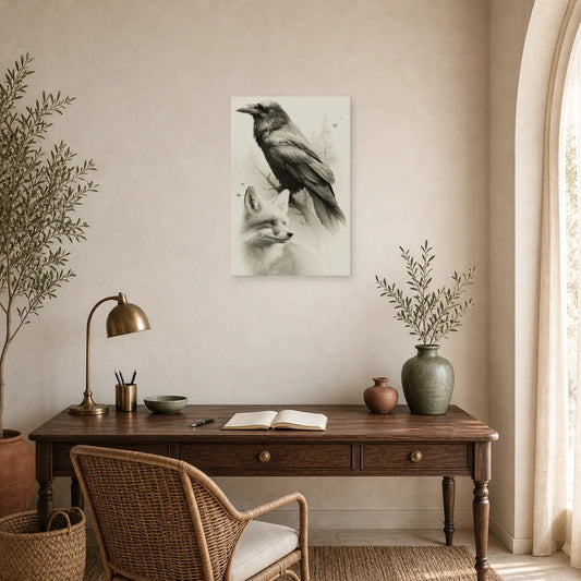 Tableau Corbeau Renard Dessin Poetique - Fable en Gris dans un bureau - Art Virtuoso