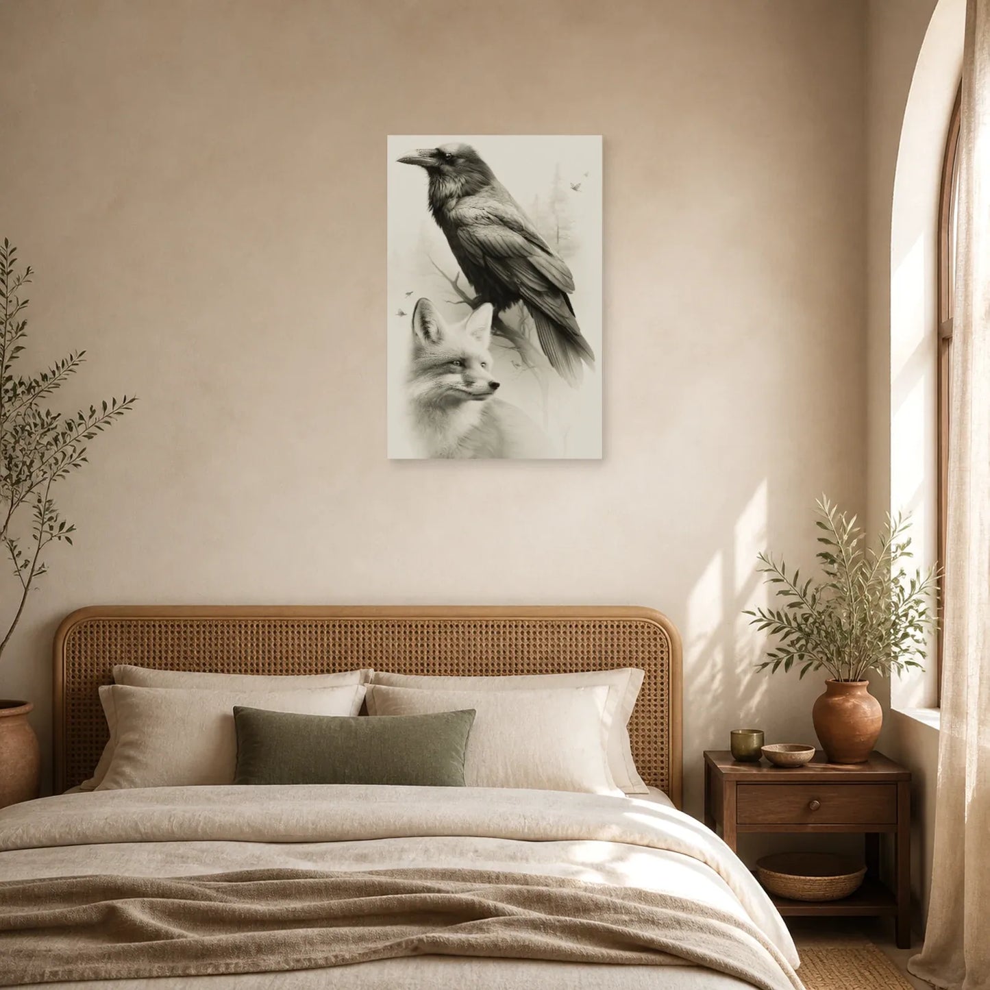 Tableau Corbeau Renard Dessin Poetique - Fable en Gris dans une chambre - Art Virtuoso