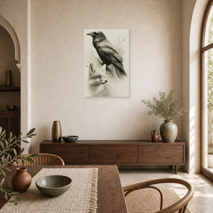 Tableau Corbeau Renard Dessin Poetique - Fable en Gris dans une cuisine - Art Virtuoso