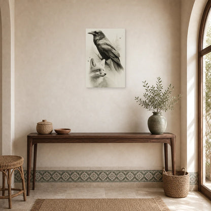 Tableau Corbeau Renard Dessin Poetique - Fable en Gris dans une entree ou un couloir - Art Virtuoso