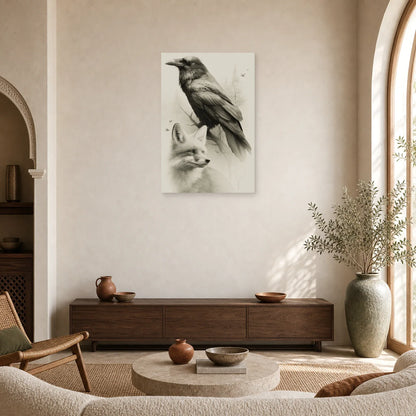 Tableau Corbeau Renard Dessin Poetique - Fable en Gris dans un salon - Art Virtuoso