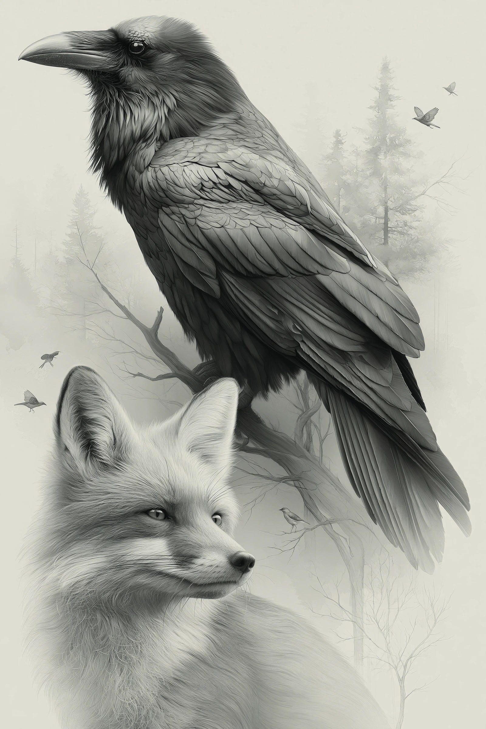 Tableau dessin poetique corbeau et renard en noir et gris - format S