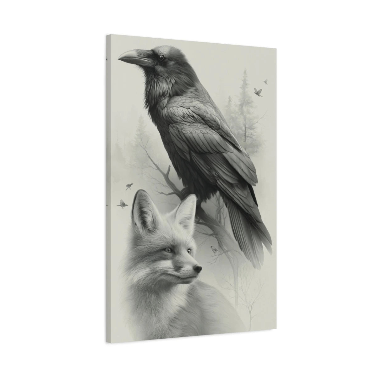 Tableau dessin poetique corbeau et renard en noir et gris - toile 3D avec bords imprimés visibles